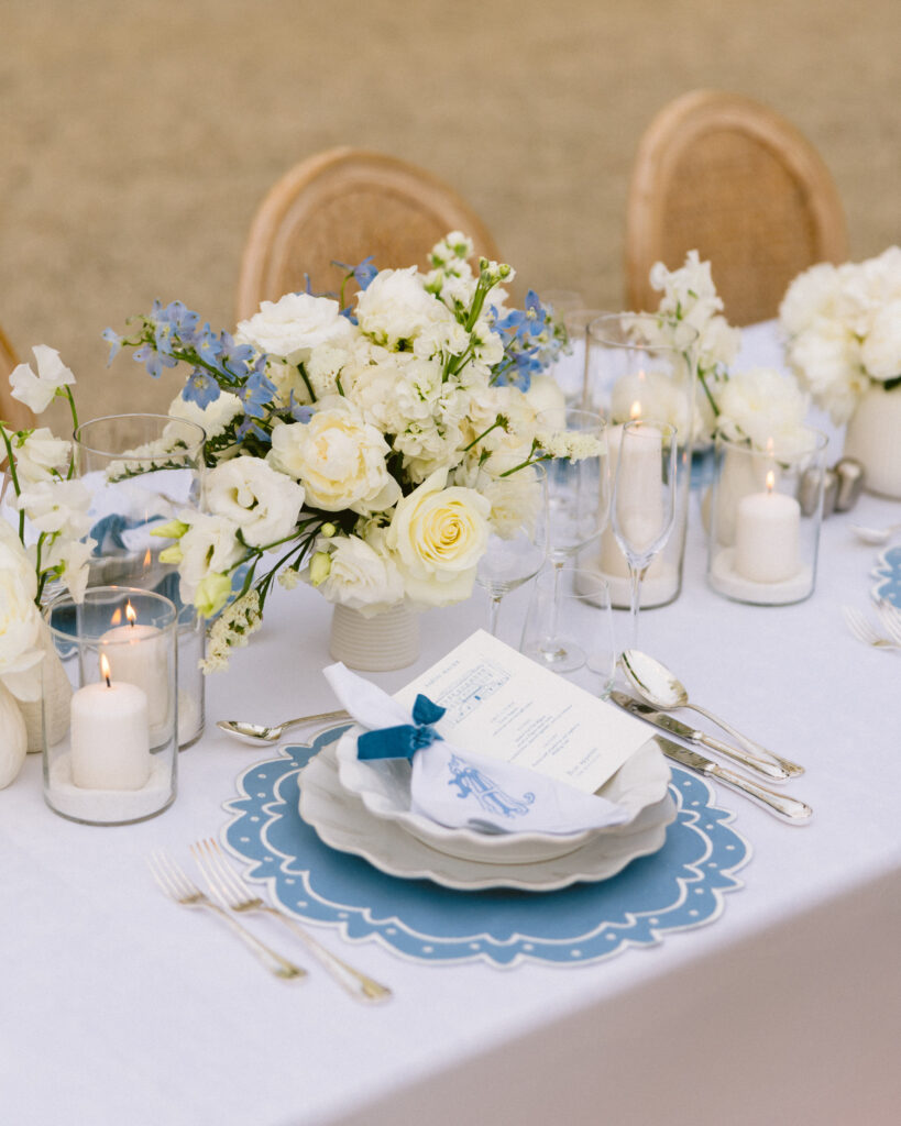 Chateau Martinay white and baby blue table art for a destination wedding in provence